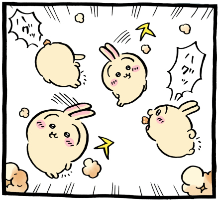 ちいかわ「🍿(キャラメルポップコーン湧きドコロ)」4コマ目│うさぎはポップコーンに向かって飛び跳ね、食べたり避けたりしている(Chiikawa “🍿 (Caramel Popcorn Spring Spot)” Panel 4 │ Usagi hops toward the popcorn, nibbling some and avoiding others.)
