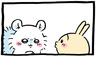 ちいかわ「🙌(やっけにフワっとして座り心地のいいエリア)」6コマ目│モモンガの要求に唇を突き出す顔をするうさぎ(Chiikawa “🙌 (An Unusually Fluffy, Comfy Sitting Spot)” Panel 6 │ In response to Momonga’s demand, Usagi sticks out his lips in a pout. /치이카와 ‘🙌 (유난히 폭신하고 앉기 좋은 구역)’ 6코마 │ 모몽가의 요구에 대해 입술을 쭉 내미는 표정을 짓는 우사기.)