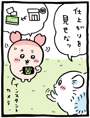 ちいかわ「📸(撮ってとって撮りまくれ)」3コマ目│撮影が終わり「仕上がりを…みせなッ」と言うモモンガと、インスタントカメラだからカメラ屋さんに行って現像が必要だと首を振る古本屋(カニ)